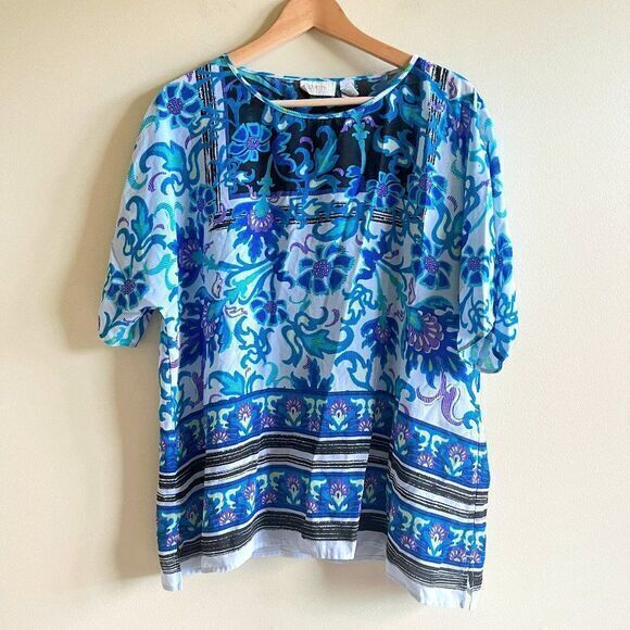 Chico's Floral Print Short Sleeve Top Blouse Womens Size 3 US Size XL 16‎ Blue - Picture 1 of 5